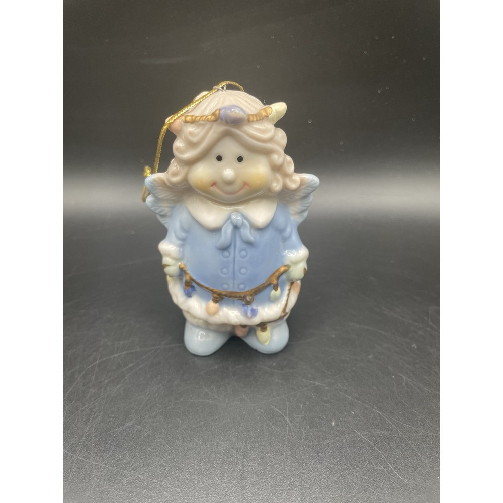 Vtg  Ceramic Baby‎ Face Angel Christmas Ornament, Holding Candy String of Lights
